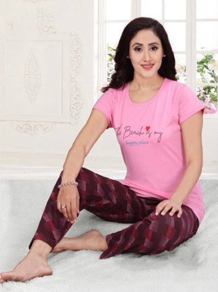 Women's Pink Blush Top With 3/4th Pant & Full Pant Nightwear 3 pieces Set