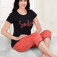 Women's Black Blush Top With 3/4th Pant & Full Pant Nightwear 3 pieces Set
