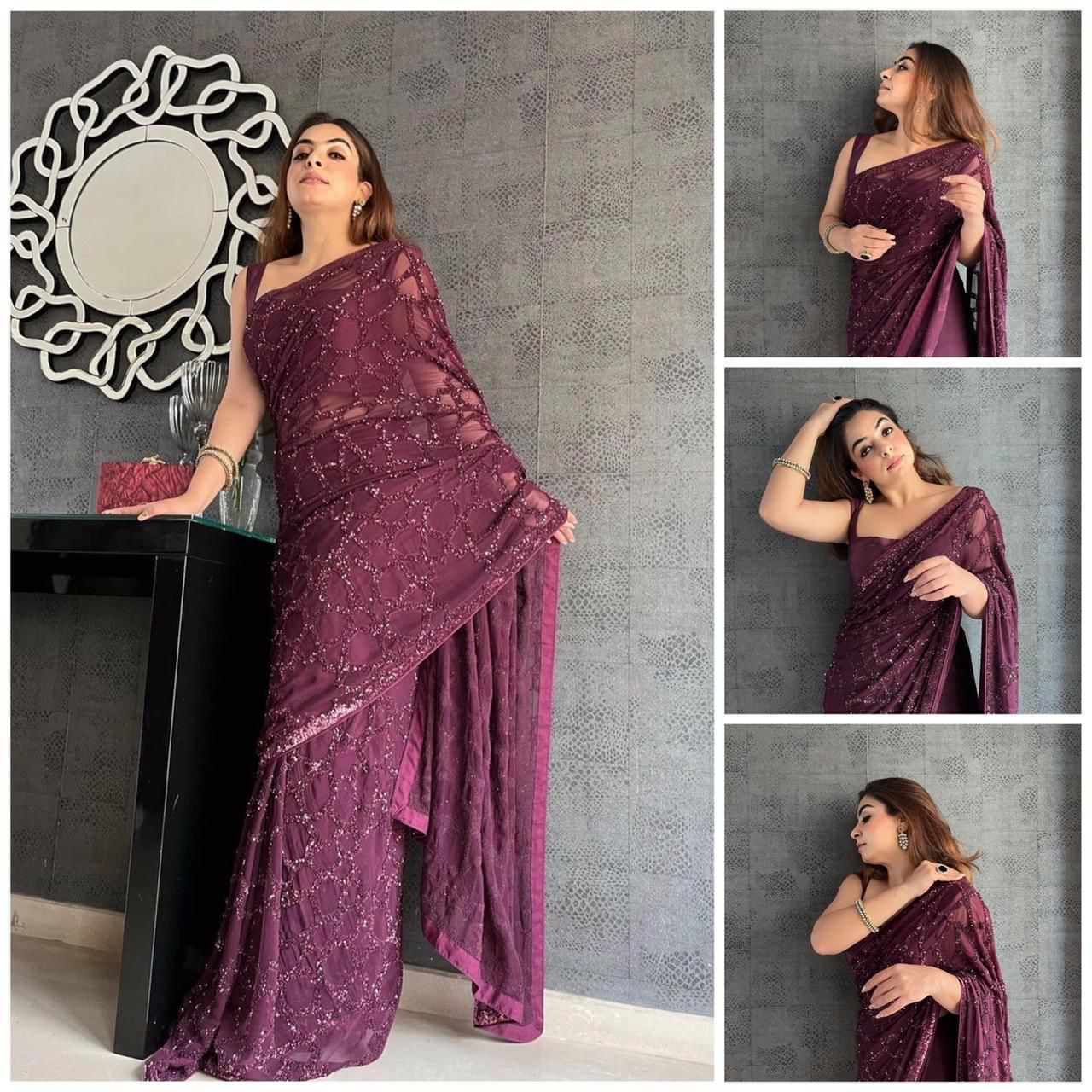 Buy shyamlata Women's Bollywood Heavy Sequins Embroidery Work Premium  Quality Georgette Saree with Unstitched Blouse |Purple Online at Best  Prices in India - JioMart.