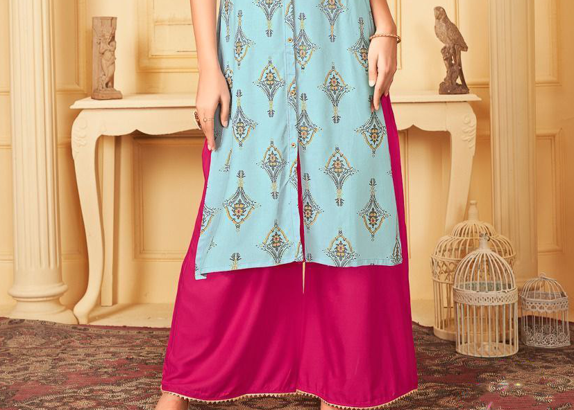 Collared Slub Rayon Kurti With Pink Palazzo Pants In Prescott