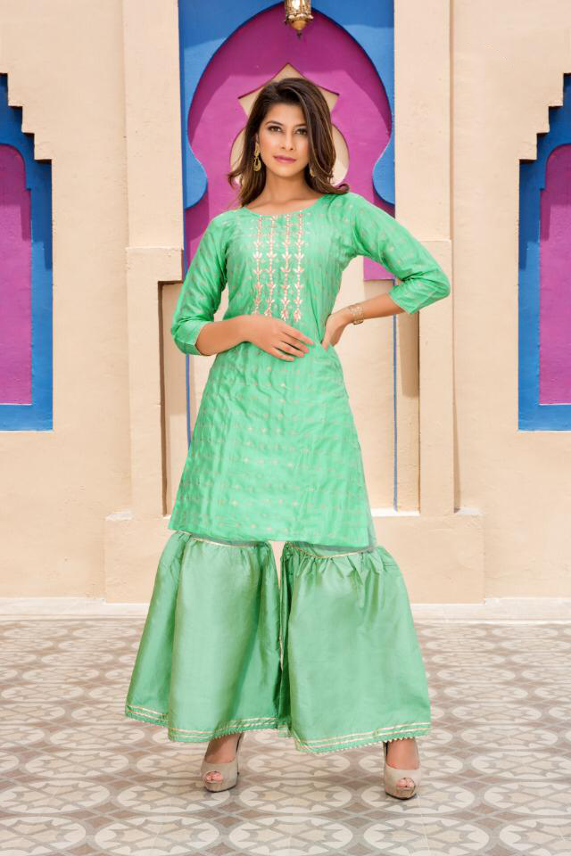 Gorgeous Green Art Silk Round Neck Kurti With Sharara Pants
