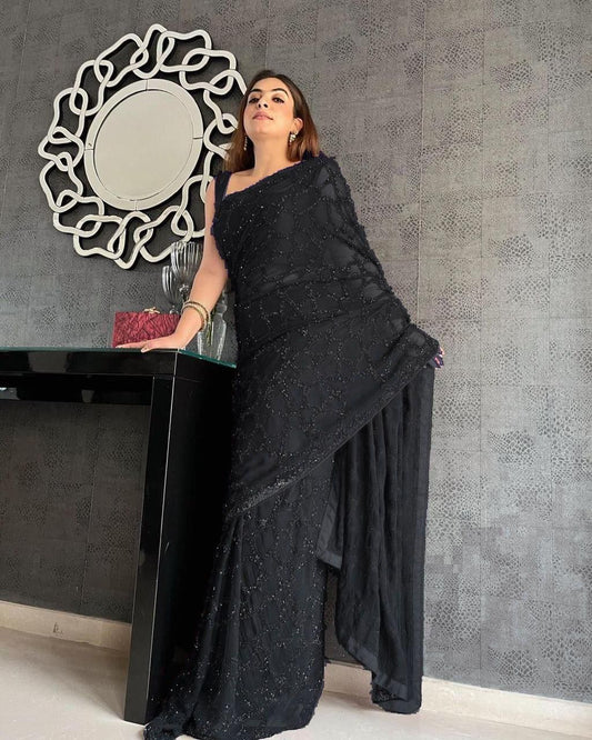 Black Party Wear Georgette Heavy Sequins Work Saree For Women