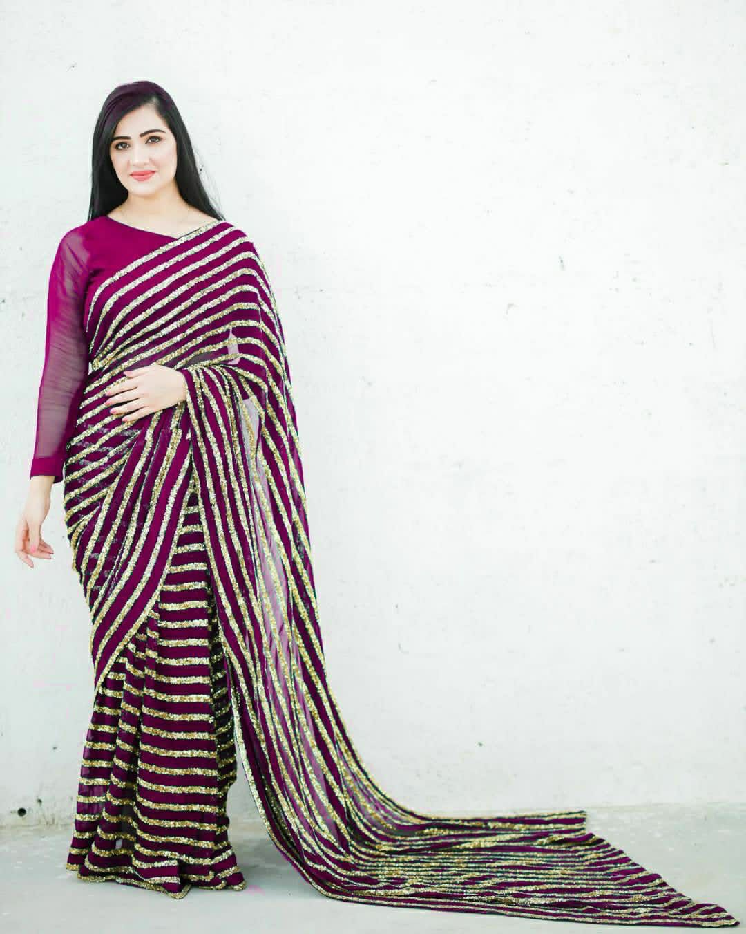 Elegant Purple Sequins Stripe Pure Georgette Trendy Saree