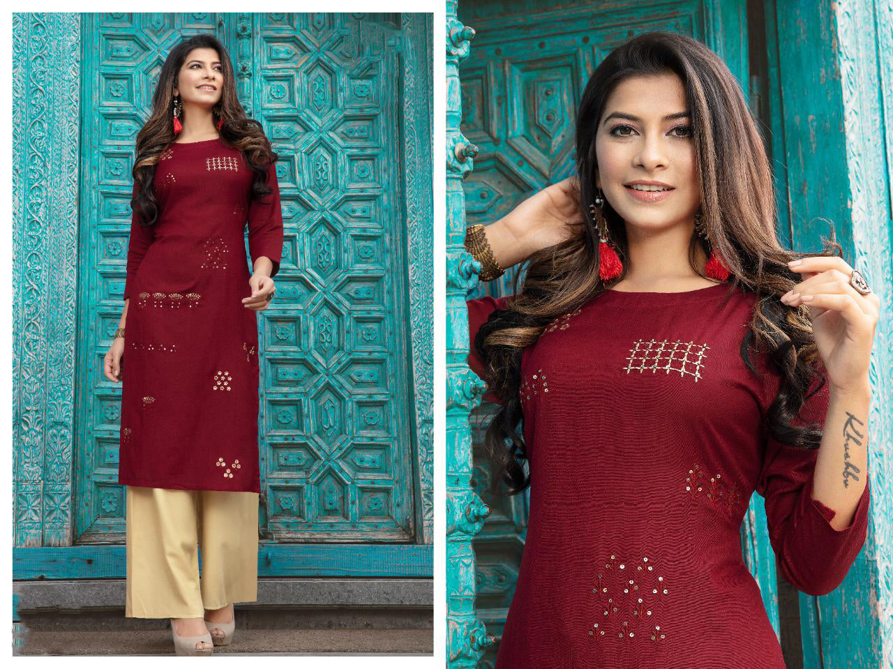 Floral Printed & Hand Embroidered Asymmetric Kurta with Flared Palazzo –  FASHOR