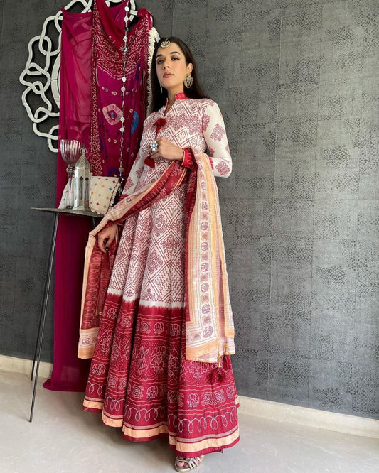 Fully Stitched Beautiful Off White Color Anarkali Gown With Printed Dupatta