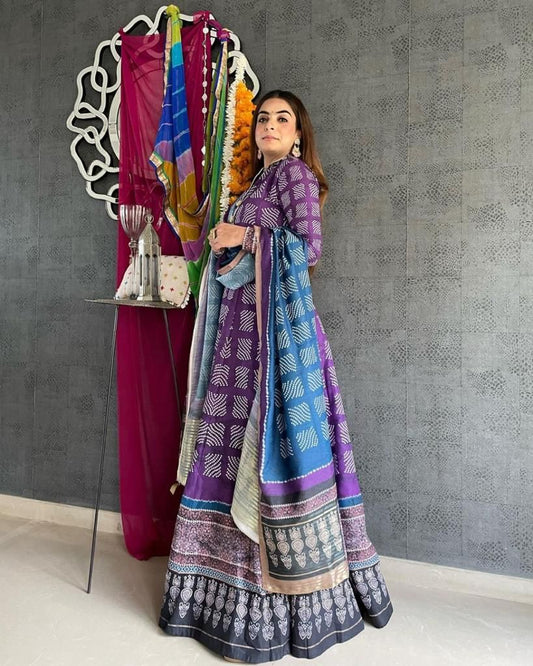 Purple Color Digital Printed Vaishali Silk Gown With Muslin Silk Dupatta