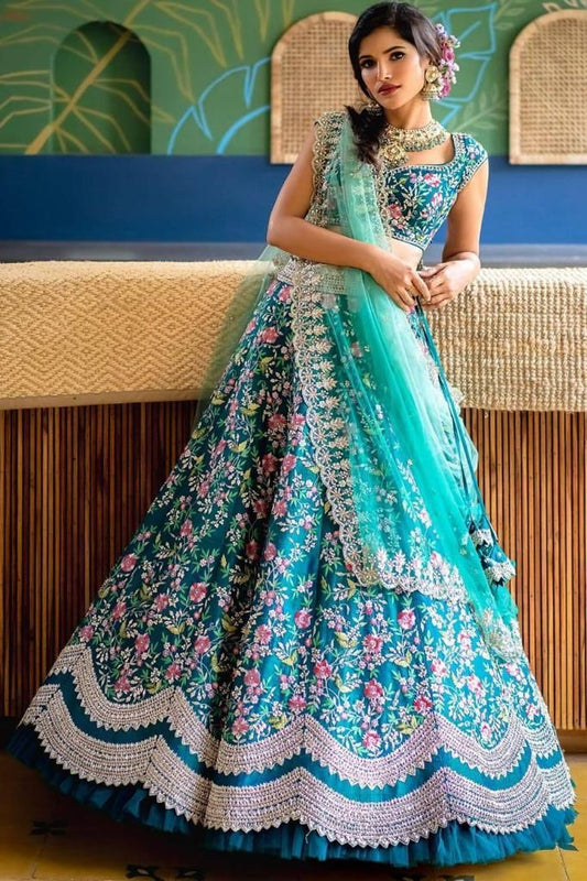 Aqua Blue Designer Attractive Party Wear Embroidered Work Malay Satin Lehenga Choli