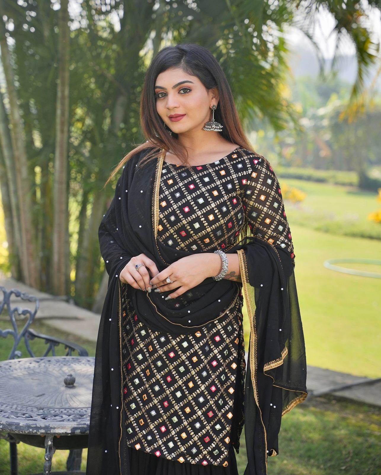 Black Georgette Sequins Embroidery Work Sharara Suit Near Me