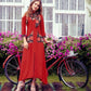 Graceful Red Colored Cold Shoulder Slub Rayon Dress With Scarf