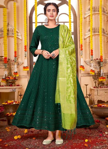Green Rayon Gown With Sequins Chikan Work And Fancy Banarasi Dupatta