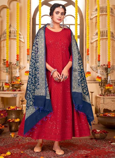 Red Rayon Long Gown With Royal Blue Banarasi Jacquard Dupatta