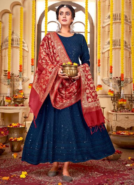 Blue Color Rayon Gown With Sequins Chikan Work And Fancy Banarasi Dupatta