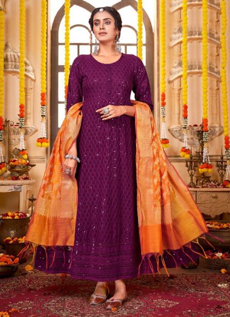 Purple Color Long Gown With Orange Fancy Banarasi Jacquard Dupatta