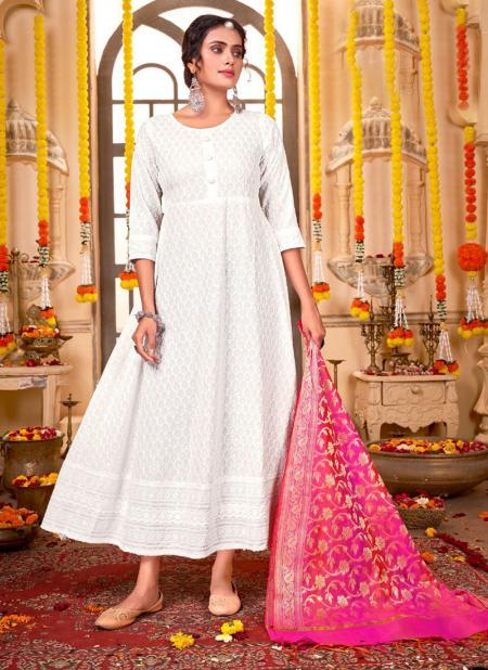 White Color Rayon Long Gown With Banarasi Jacquard Dupatta