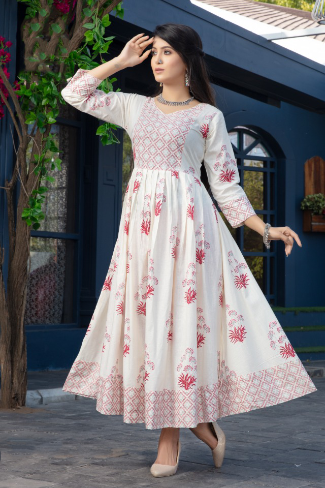 Appealing Pink Floral Cambric Printed Cotton Anarkali Gown XXL(44) / Cotton / White