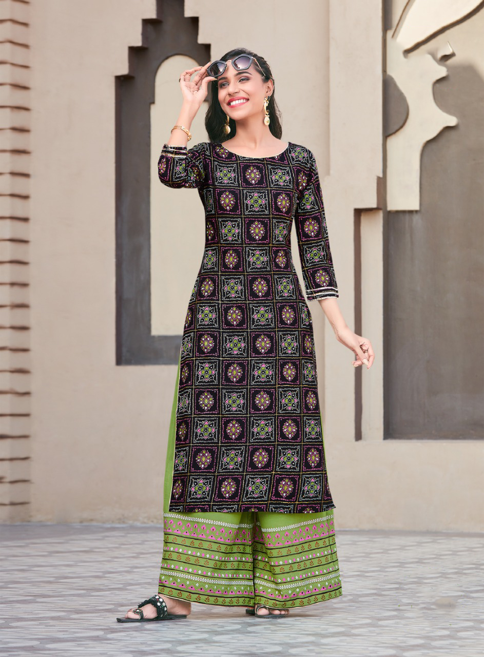 Black Rayon Printed Kurti Pant Set