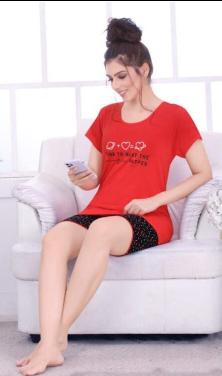 Women's Red and Black Cotton Printed Night wear near me