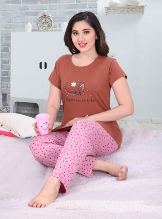 Comfy Women's Brown and Pink Cotton Printed Tee With Pants And Shorts 3 Piece Set