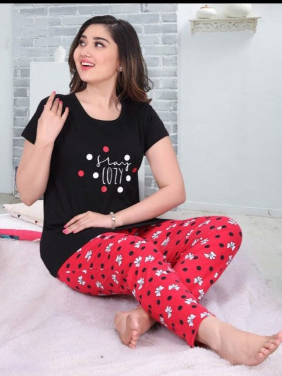 Comfy Women's Black and Red Cotton Printed Tee With Pants And Shorts 3 Piece Set