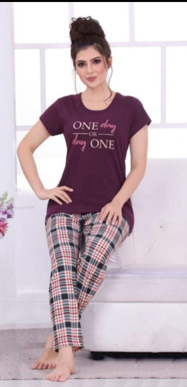 Comfy Women's Purple and White Cotton Printed Tee With Pants And Shorts 3 Piece Set