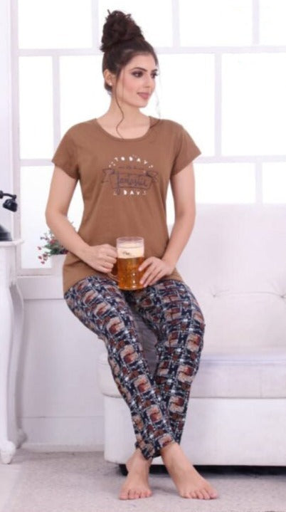 Comfy Women's Brown and Black Cotton Printed Tee With Pants And Shorts 3 Piece Set