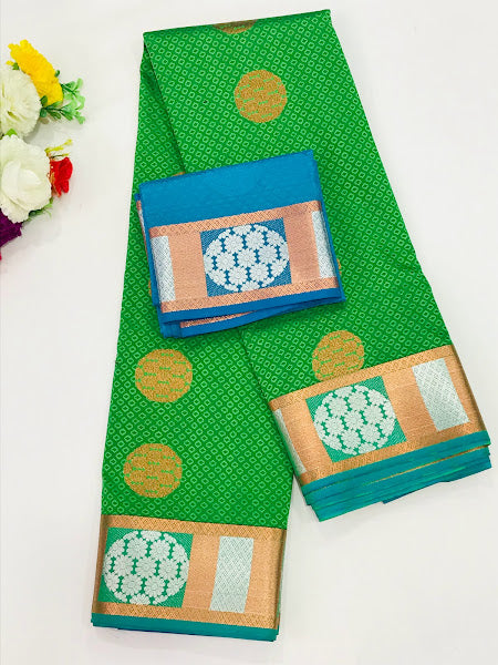 Green Color Brocade Soft Silk Saree With Copper Butta Motifs On Body And Contrast Pallu