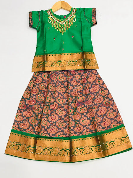 Attractive Green Color Langa Set With Stone And Embroidery Work On Neck
