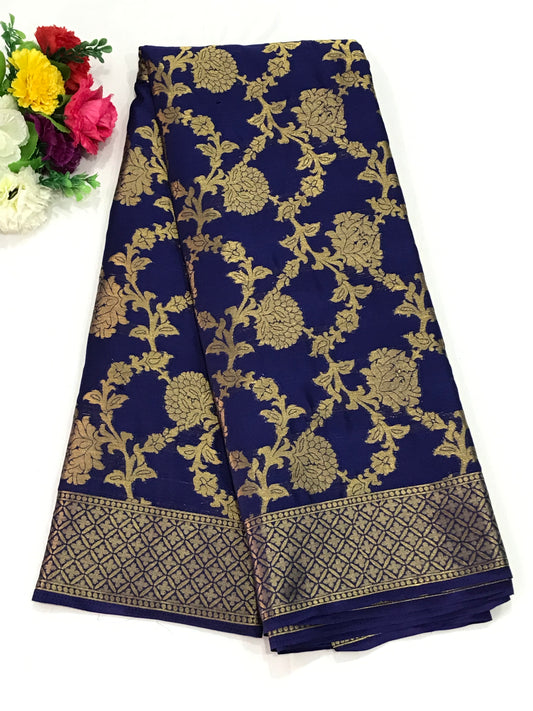 Attractive Blue Color Banarasi Silk Saree With Gold Flower Design And Grand Pallu