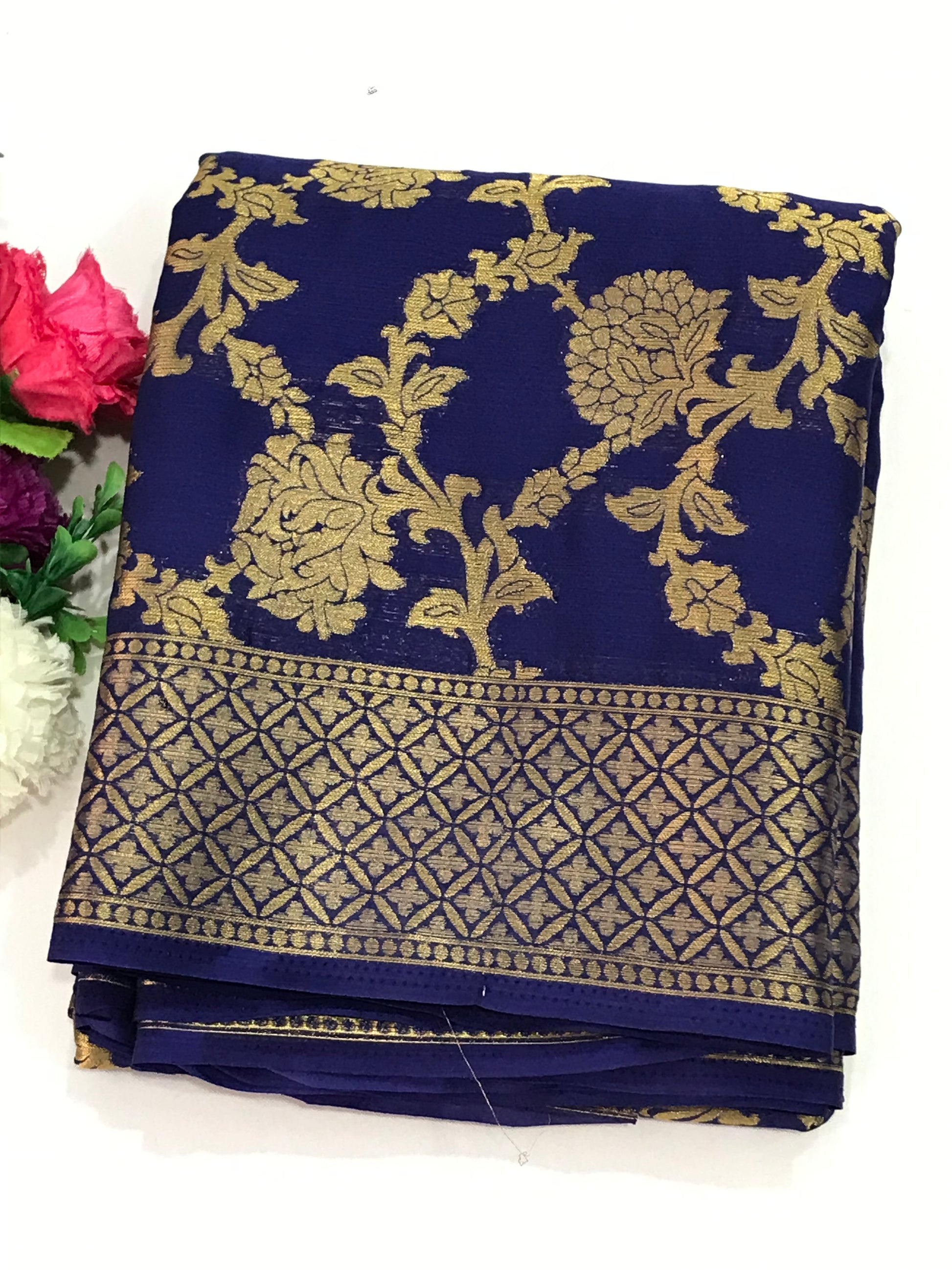Blue Color Banarasi Silk Saree With Gold Flower Design Near Me