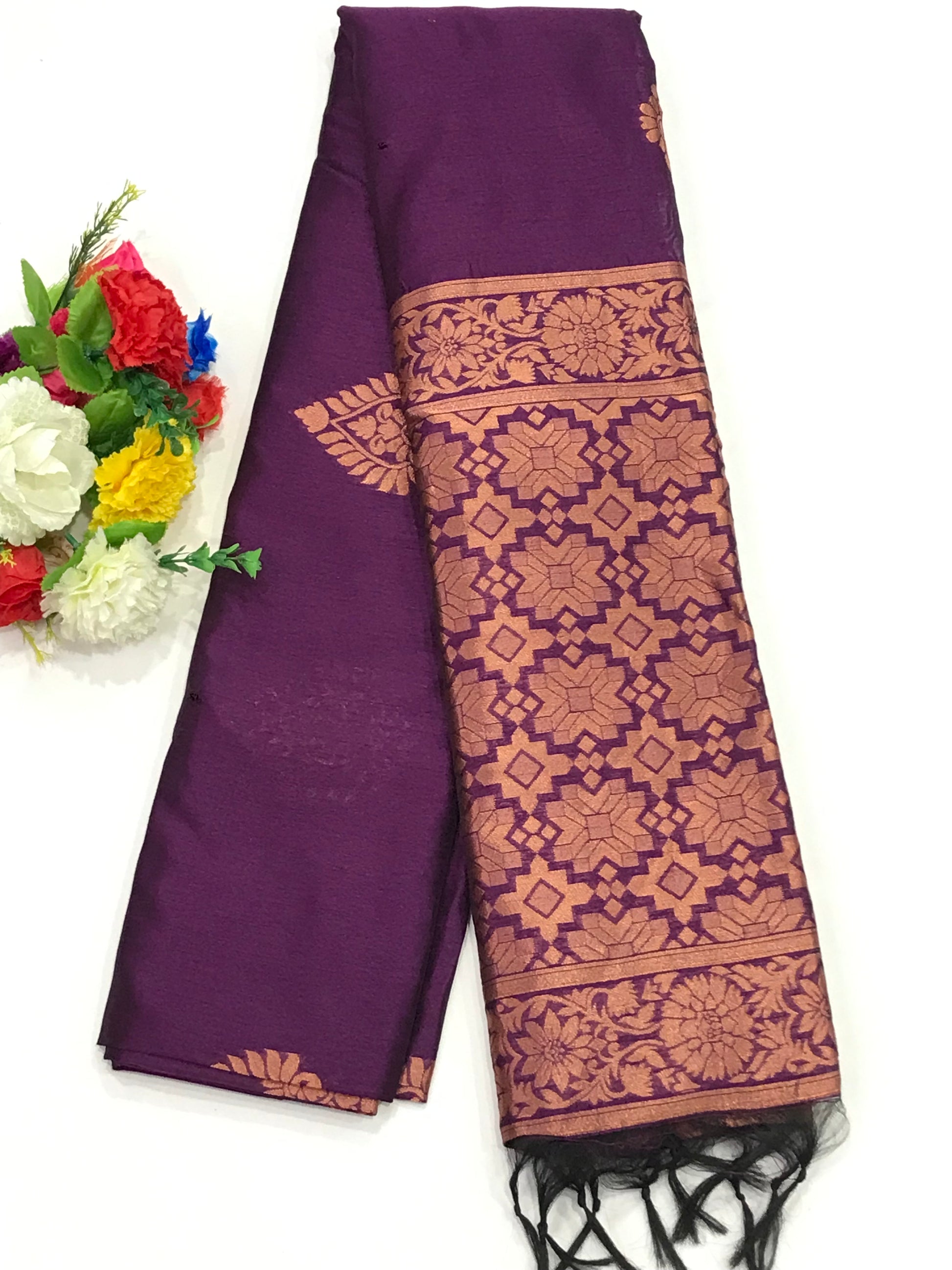 Alluring Magenta Color Raw Silk Saree With Copper Flower Motifs And Rich Copper Pallu