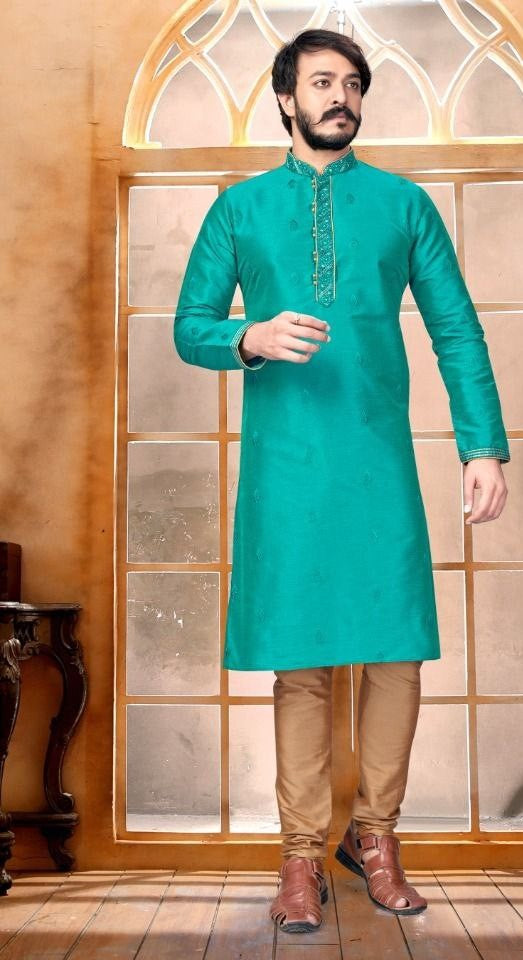 Designed Butti Embroidery Work Sherwani with Pant - Teal Green