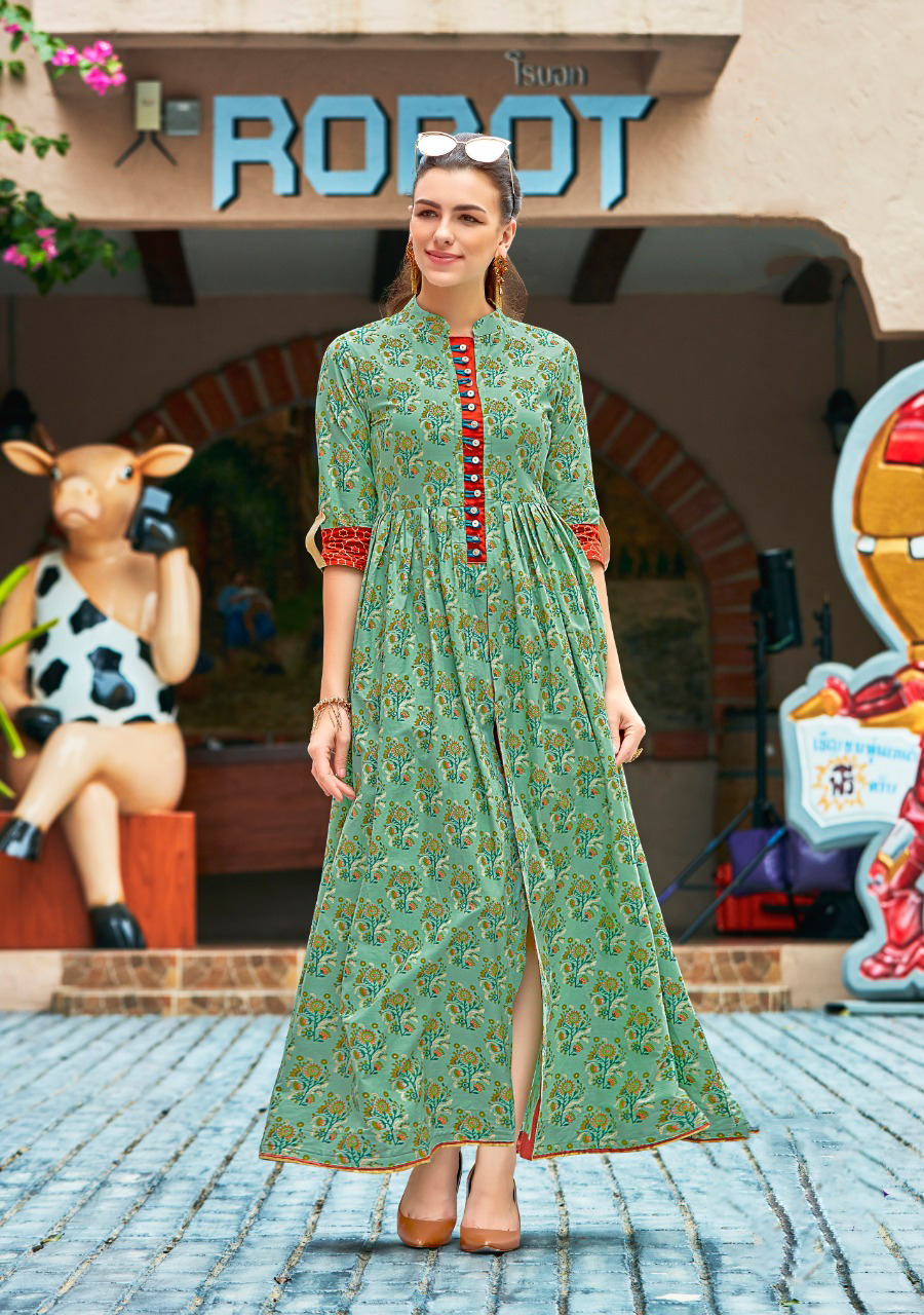 Green Color Anarkali Cotton Dress With Front Open