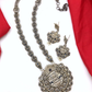 Traditional Temple Pendant Oxidized Long Necklace with Earrings
