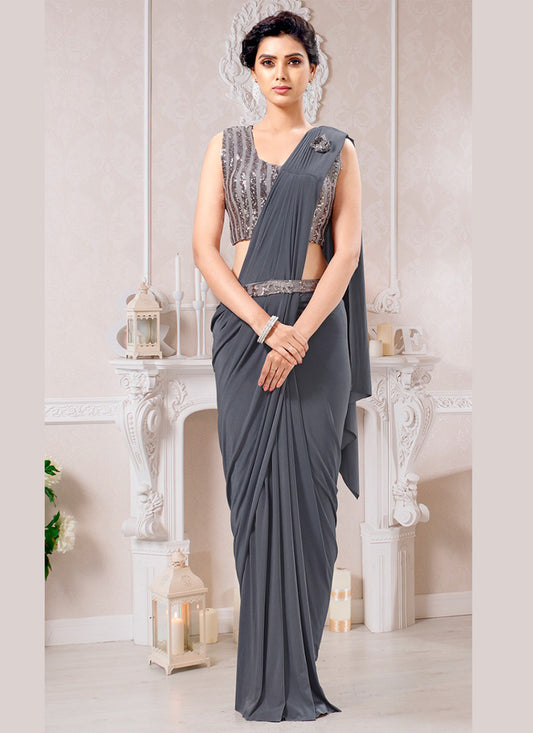 Trendy Grey Color Ready To Wear Lycra Designer Saree