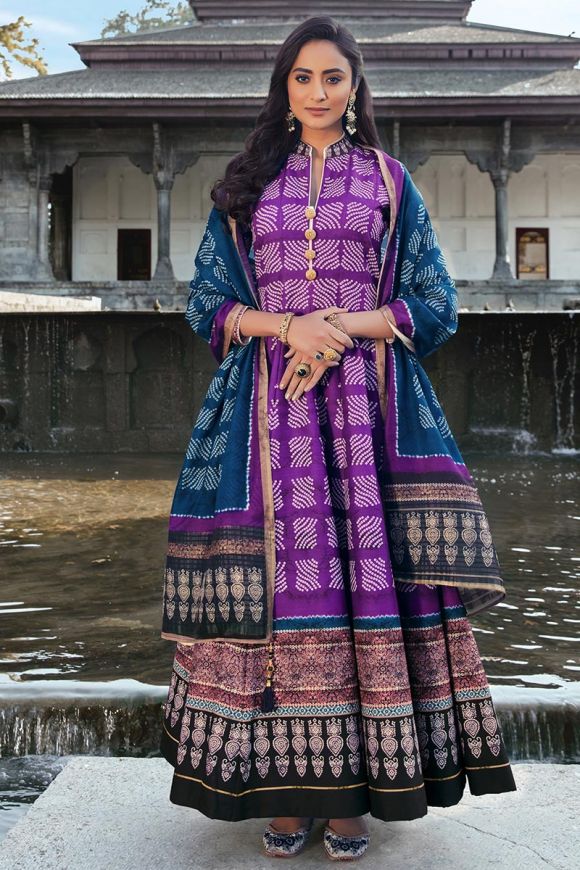 Digital Printed Vaishali Silk Gown With Muslin Silk Dupatta In Paradise Valley