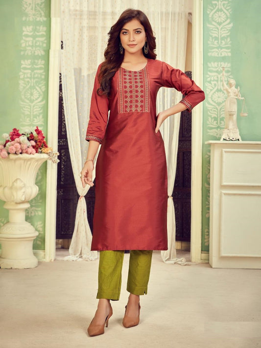 Appealing Red Silk Cotton 3/4th Sleeved Kurti