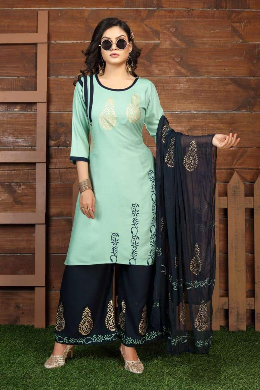Light Blue Women's Fancy Kurti With Palazzo With Dupatta Collection