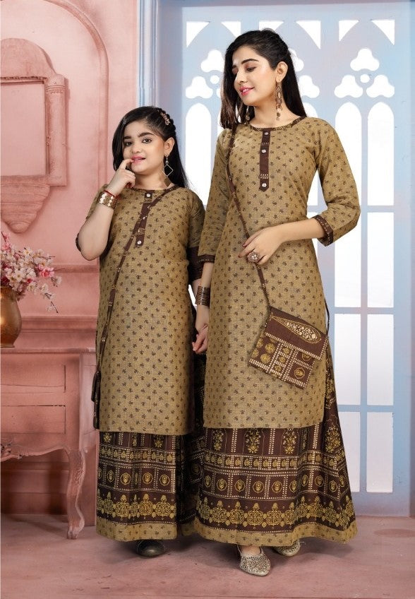 Like Mom Like Daughter Brown Stylish Printed Rayon Kurti With Skirt & Purse