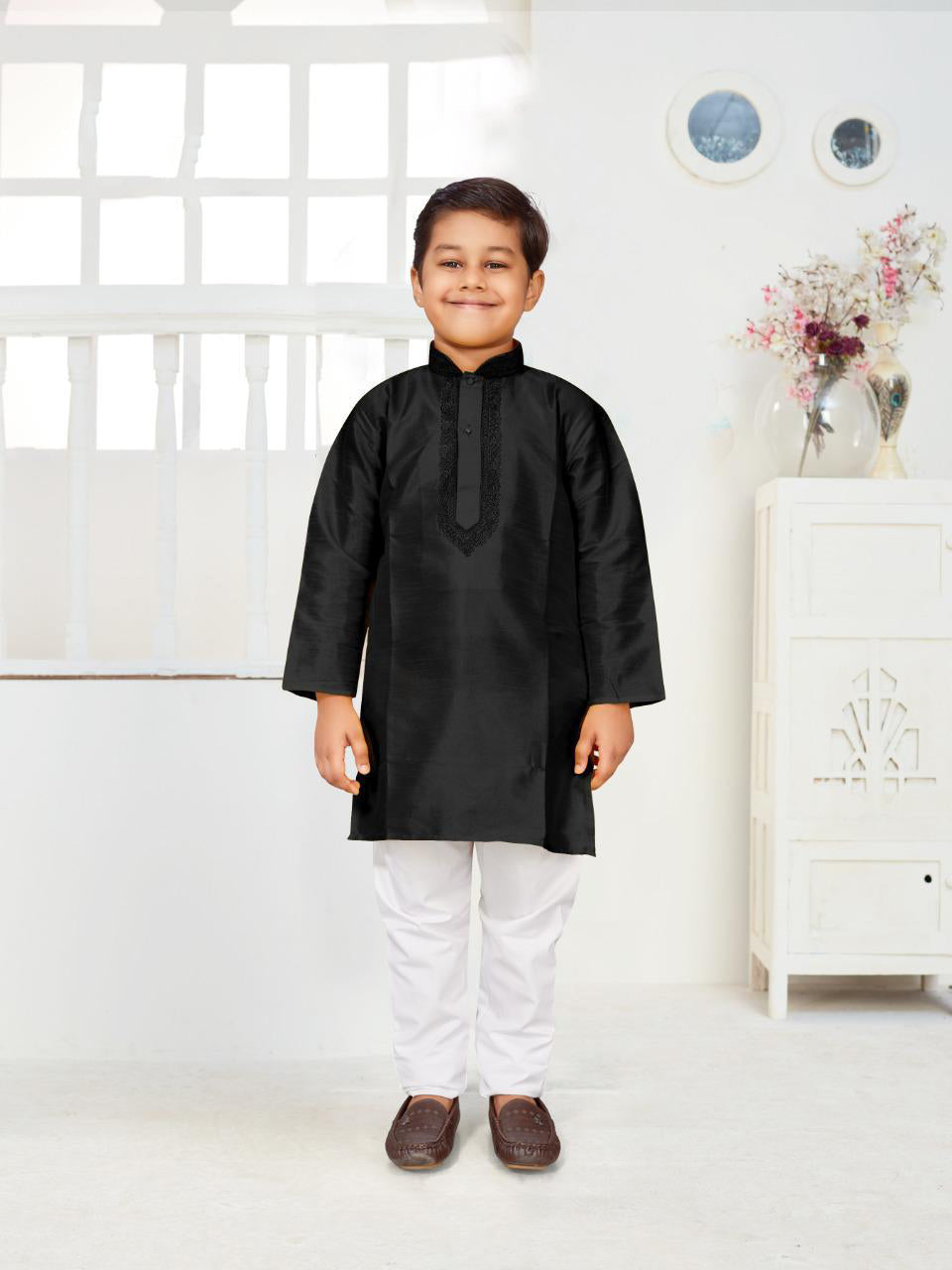 Dupion Silk Kid's Kurta with Pajama Set - Black in Surprise