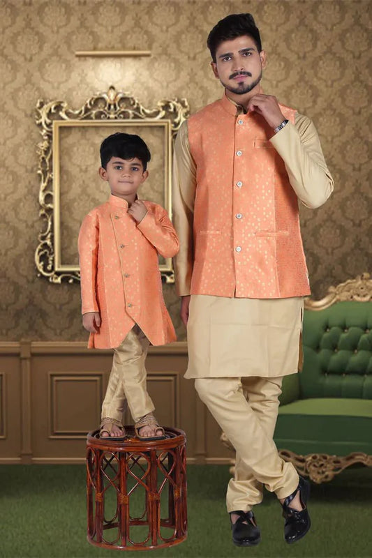 Dad & Son Pure Cotton Silk Regular Pajama Set with Jacket - Orange