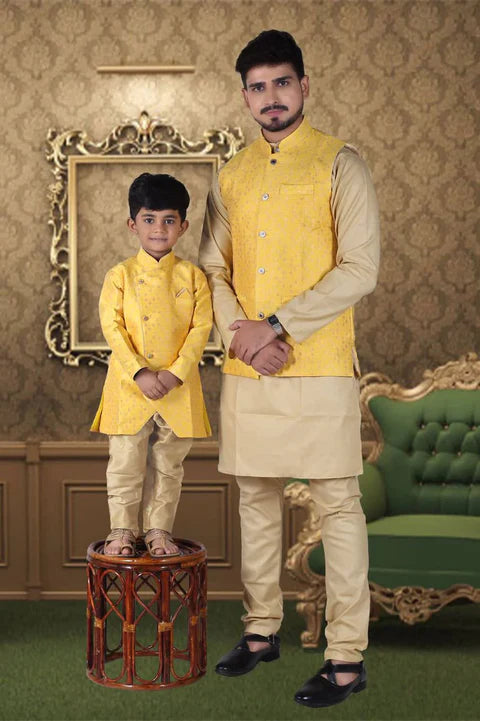 Dad & Son Pure Cotton Silk Regular Pajama Set with Jacket - Yellow