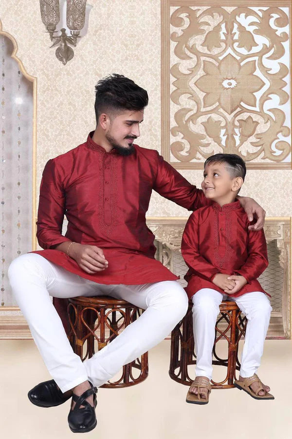 Dad And Son Pure Malbari Silk Regular Pajama Set - Red