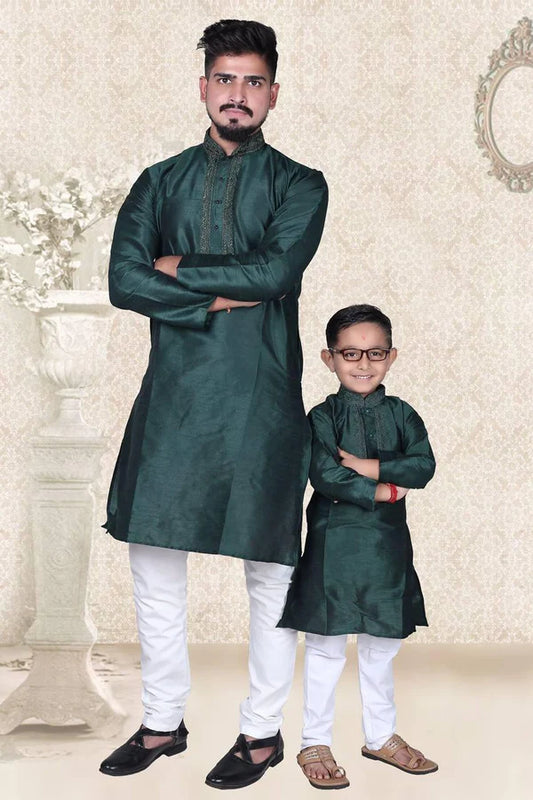 Dad And Son Pure Malbari Silk Regular Pajama Set - Green