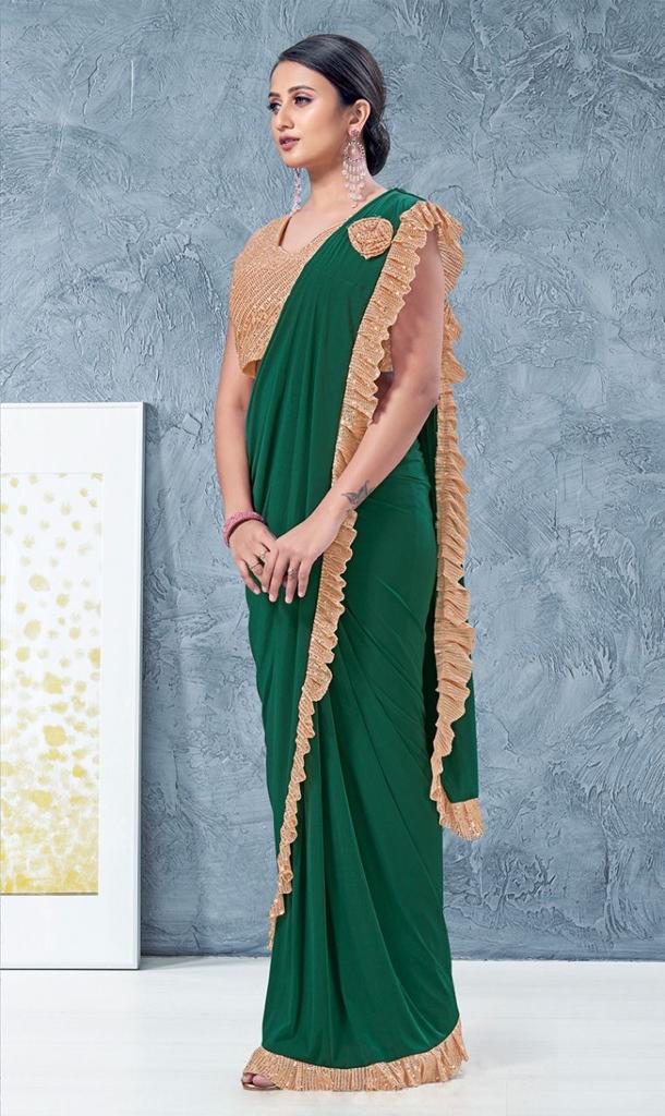 Gorgeous Green Color Ready To Wear One Minute Lycra Designer Saree
