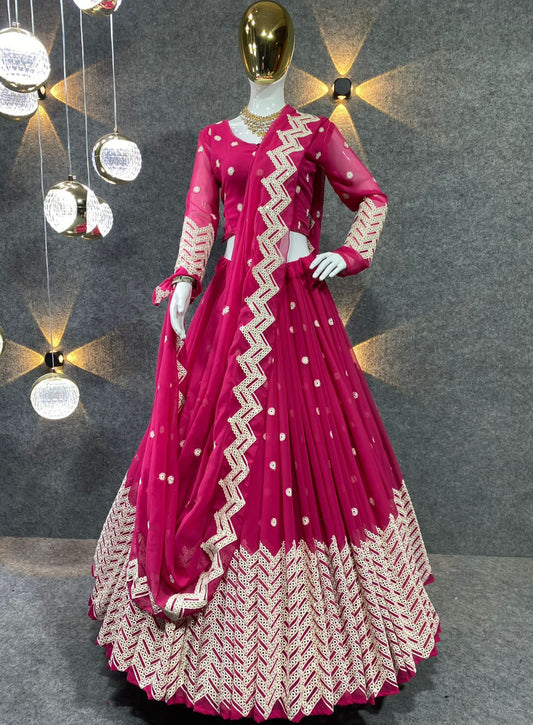 Attractive Rani Pink Color Embroidery Party Wear Georgette Lehenga choli With Mirror Work Border in King man