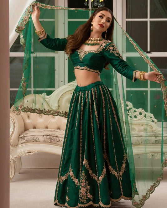 Dark Green Color Embroidery Attractive Party Wear Silk Lehenga Choli in Tucson