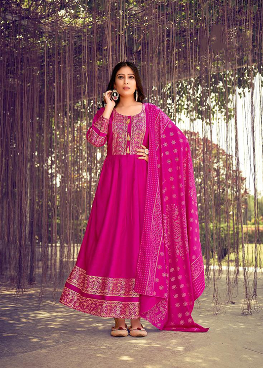Pink Color Fancy Foil Printed Rayon Gowns With Dupatta Collection