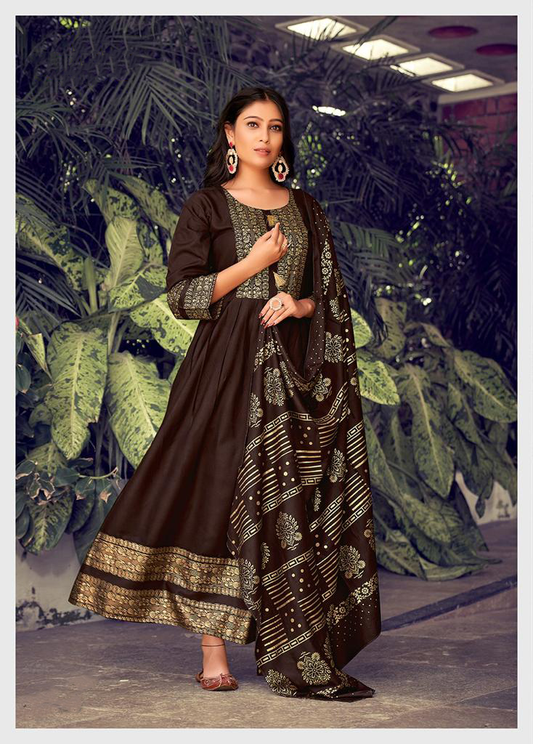 Brown Color Fancy Foil Printed Rayon Gowns With Dupatta Collection
