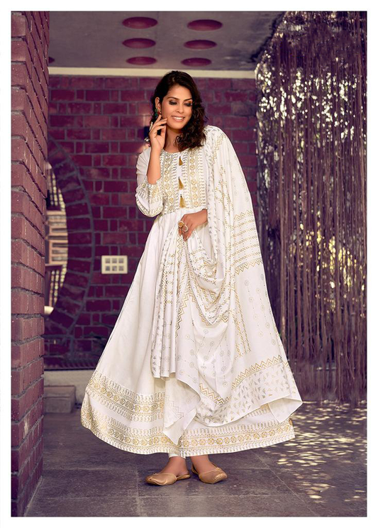 New Trendy White Color Fancy Foil Printed Rayon Gowns With Dupatta