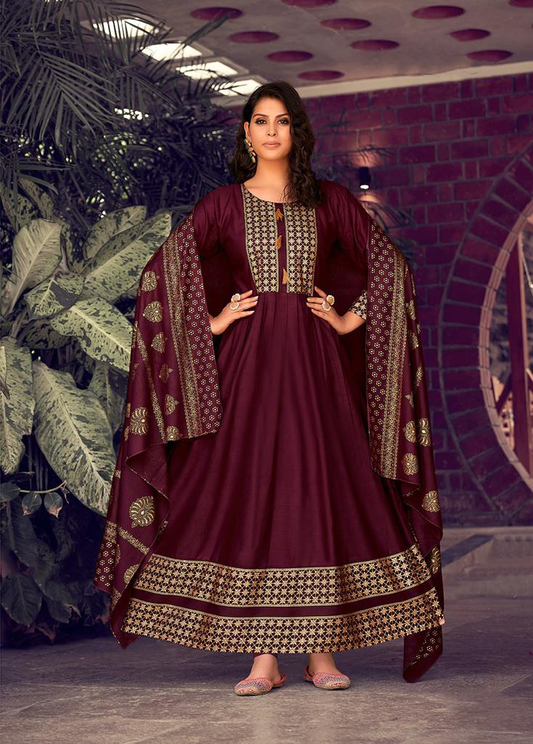 Maroon Color Fancy Foil Printed Rayon Gowns With Dupatta Collection